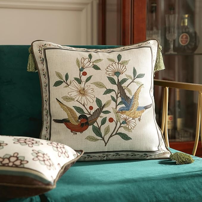 ISAENNE Design Square Bird Floral Linen Throw Pillow Covers 18"x18" Pack of 2, White Simple Elegant Daisy Pattern Cushion Covers Decor Pillowcases for Bed,Living Room,Outdoor,Car