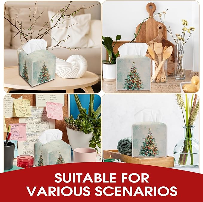 Christmas Trees Tissue Box Cover Leather, Christmas Tissue Box Cover Square, Facial Paper Organizer for Table Top Nightstands Desk Bathroom Kitchen Car Office Home Decor(5.2 Inches)-B01