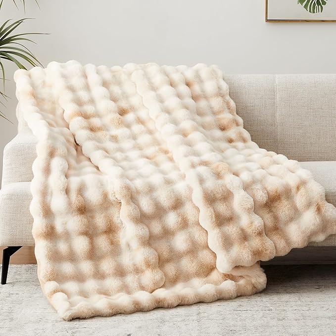 Faux Fur Throw Blanket, 1000GSM Fluffy Soft Bubble Blanket for Couch Bed, Cozy Plush Warm and Thick Blanket, Fuzzy Rabbit Throw for Living Room Bedroom 80''*90'' Tie-dye Brown