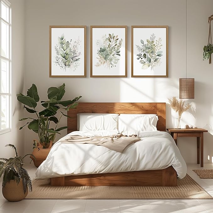 Joocrise Wooden Frame Watercolor Botanical Wall Art Boho Floral Canvas Wall Decor Prints Sage Green Wildflower Wall Art Modern Flower Pictures Botanical Painting for Bedroom Bathroom 12x16x3 Inch