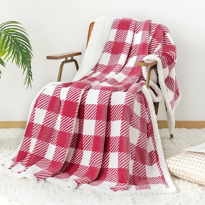 Touchat Sherpa Plaid Twin Blanket 60" X 70", Fuzzy Fluffy Soft Cozy Throw Blanket, Twin Size Plush Fleece Flannel Plush Microfiber Blanket for Couch Bed Sofa (RustRed)