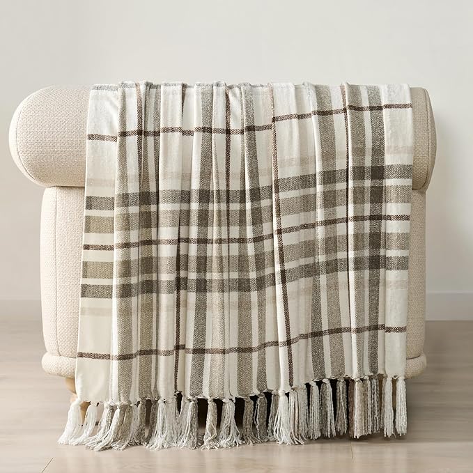 EverGrace Plaid Chenille Throw Blanket for Couch, Super Soft Cozy Decorative Farmhouse Plaid Throw with Tassels, Lightweight Chenille Knit Throw for Bed Sofa Gift Home Decor, Beige 60”x80”
