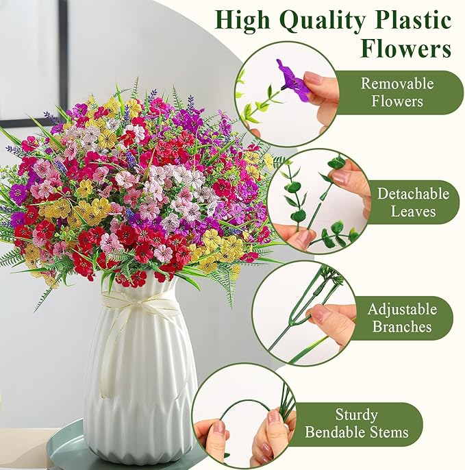 Alupssuc 48 Bundles Artificial Flowers for Outdoors Planters Spring Decoration, UV Resistant Faux Eucalyptus Violet and Lavender Silk Fake Plants for Outside Indoor Yard Home Patio Decor, Mix 6 Colors