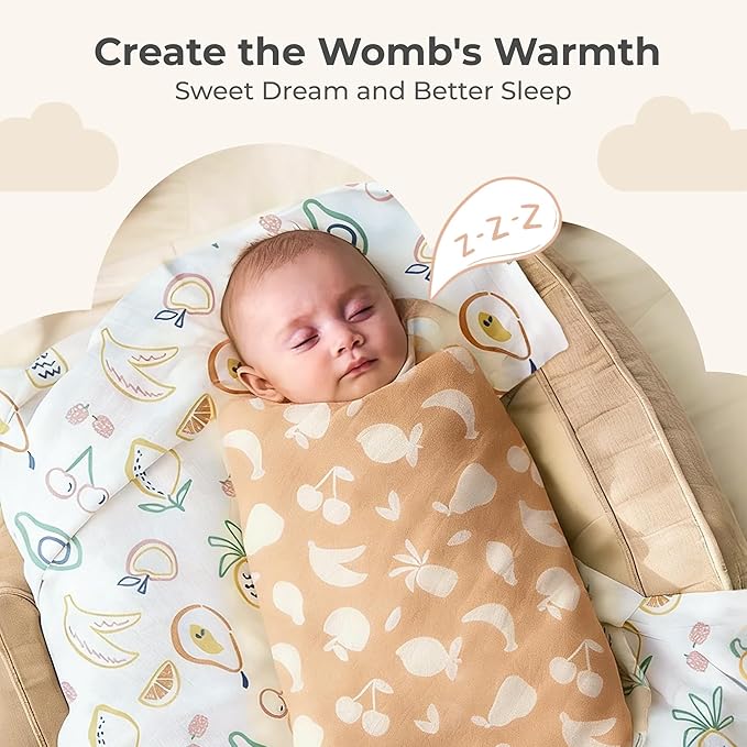 Momcozy Muslin Swaddle Blankets, 4-Pack Breathable and Skin-Friendly Receiving Blankets, Best Wishes Swaddle Blanket Shower Gifts & Baby Registry Essentials, Large 47"x47", Fruits Party