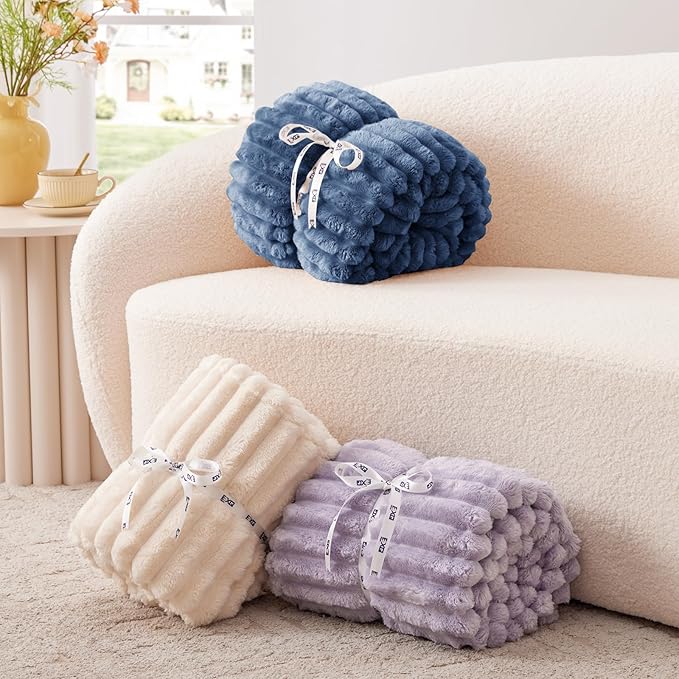 EXQ Home Fleece Blanket Twin Size for Couch or Bed - 3D Stripe Jacquard Decorative Blankets - Cozy Soft Lightweight Fuzzy Flannel Blanket Suitable for All Seasons(60"×80",Dark Blue)