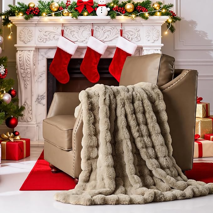 Lotus Karen Queen Size Faux Fur Blanket Khaki - Big Bubble Rabbit Fluff Blanket for Bed, Large Fluffy Fuzzy Cozy Blanket, Thick Furry Plush Shaggy Blankets, 90x90 Inches