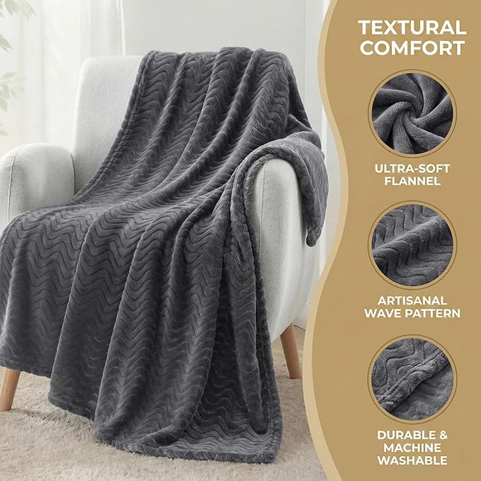 Exclusivo Mezcla King Blanket for Bed, Cozy Lightweight Fleece Blankets for All Season, Decorative Giftable Fuzzy Plush Wave Textured Suitable for Women, Men, Dark Grey, 90x104 Inches