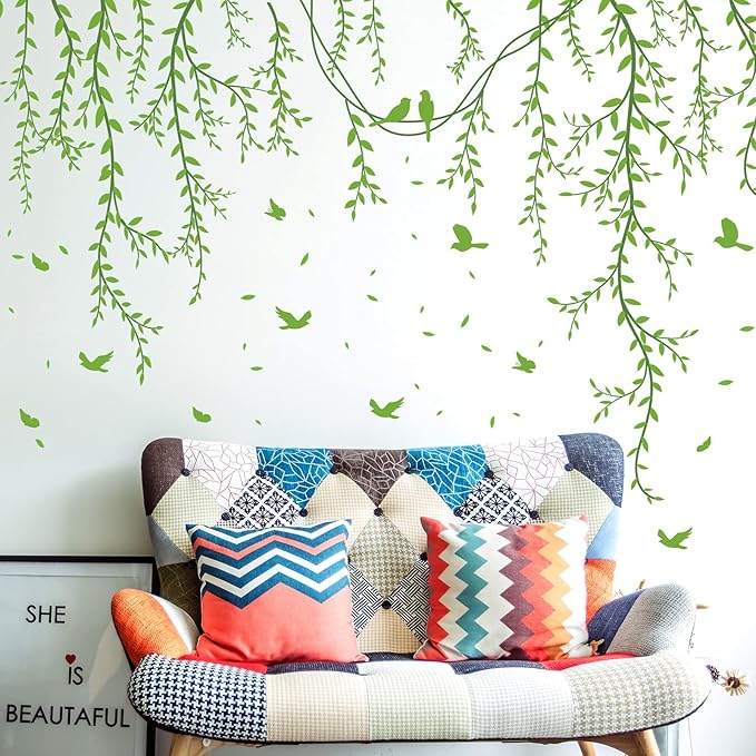 Hanging Willow Branch Wall Stickers DIY Green Vine Leaf Plant Wall Decals Peel and Stick Grass Birds Butterfly Art Mural Decortions for Kids Baby Girls Nursery Bedroom Living Room Offices Classroom (Green)