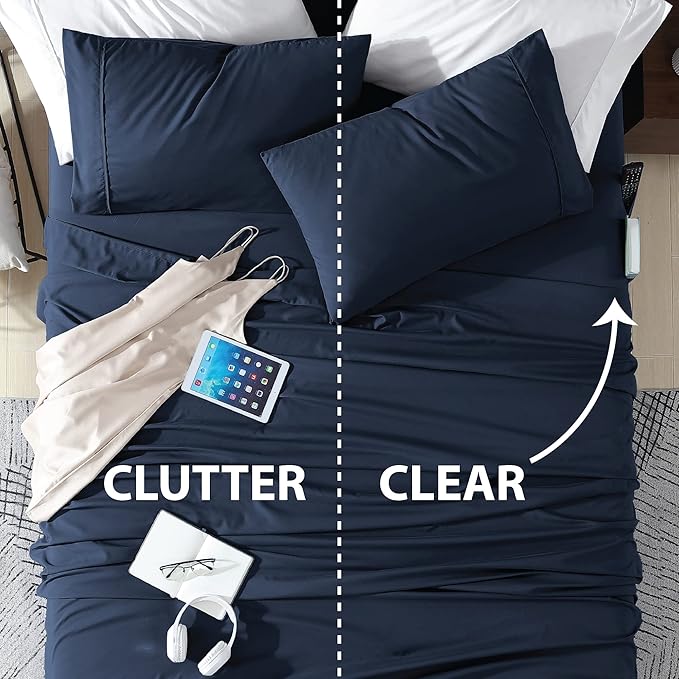 Swift Home Smart Sheets, Ultra Soft Brushed Microfiber 3-Piece Sheet Set, Fitted Bed Sheet with Side Storage Pockets – Navy, Twin XL