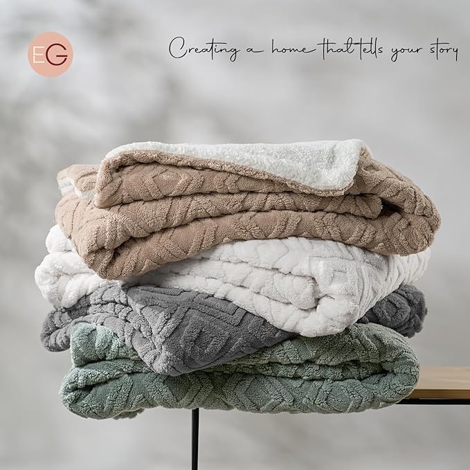 EverGrace Jacquard Boho Sherpa Fleece Throw Blanket for Couch, Super Soft Cozy Fuzzy Plush Blankets for Winter, Reversible Thick Warm Blanket for Bed, Sofa, Living Room, Off White, 50" x 60"