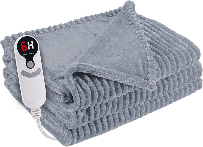 Electric Heated Blanket Throw Size 50"x60" with Cozy Flannel, 6 Heat Settings & 3 Hours Auto Off, Soft & Cozy Warming Throw for Home, Office, or Bed, Machine Washable, Grey