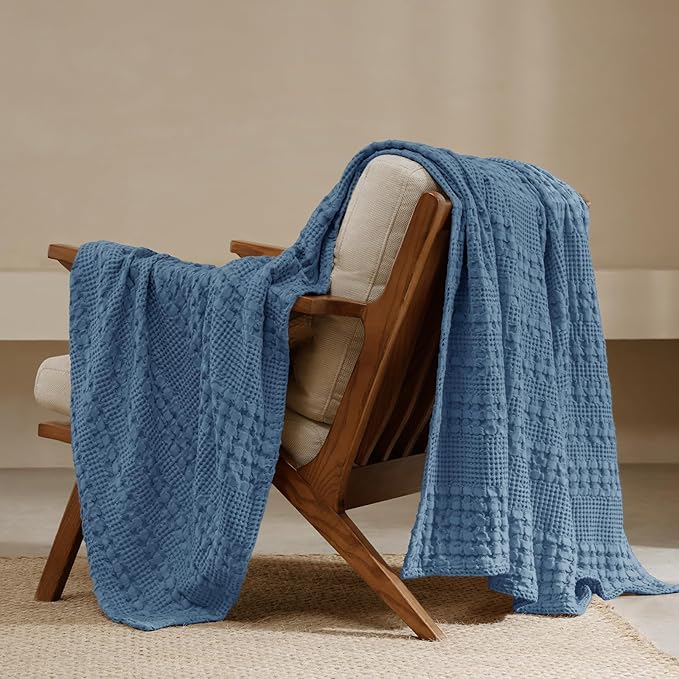 PHF 100% Cotton Waffle Weave Throw Blanket, Soft Lightweight Breathable Cozy Throws for Couch Bed Sofa, Luxury Aesthetic Blanket Gift for Home Decor & Office, 50"x60", Denim Blue