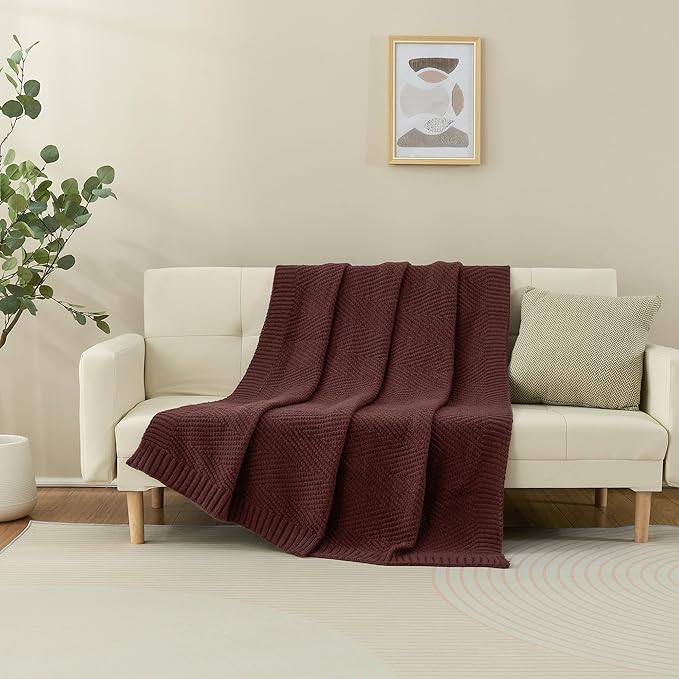 Knitted Throw Blanket 50"X60", Brown Knit Throws for Bed, Super Soft Boho Chevron Blankets for Couch Sofa Chair Room Decor, Textured Decorative Farmhouse Cozy Lightweight