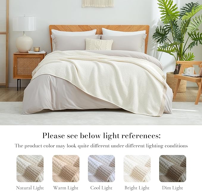 Amélie Home Waffle Blanket Queen Size for Bed, Soft Cozy Chenille Knit Blanket Warm Decorative for Bedroom, 90"x90", Ivory