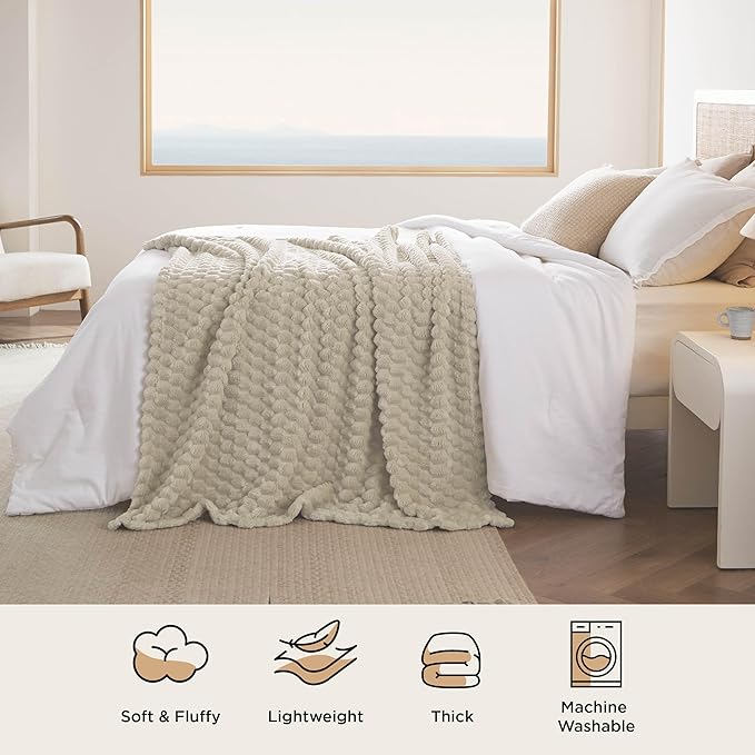 Bedsure Large Throw Blanket for Couch - 350GSM Fluffy Plush Bubble Blanket for Bed Home Room Decor, GentleSoft Cute Fleece Soft Cozy Gifts for Women Girls, Beige, 50x70 Inches