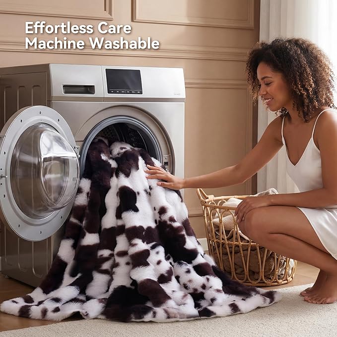 Smoofy Faux Fur Throw Blanket for Couch – Cow Print Fluffy Cozy Rabbit Fleece, Plush Soft Bubble Blanket for Sofa & Bed, Gifts for Mom, Warm Fuzzy Home Room Decor Throw 60" x 80"