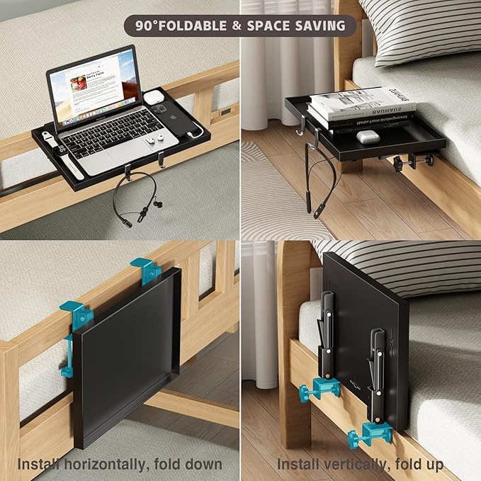 Foldable Bedside Shelf, Metal Clip-On Bunk Bed Table Shelf for Top Bunk Heavy Duty Bed Side Table Tray for College Dorm Room Essentials, Loft Nightstand Organizer Tray with 3 Cord Hole(Black)