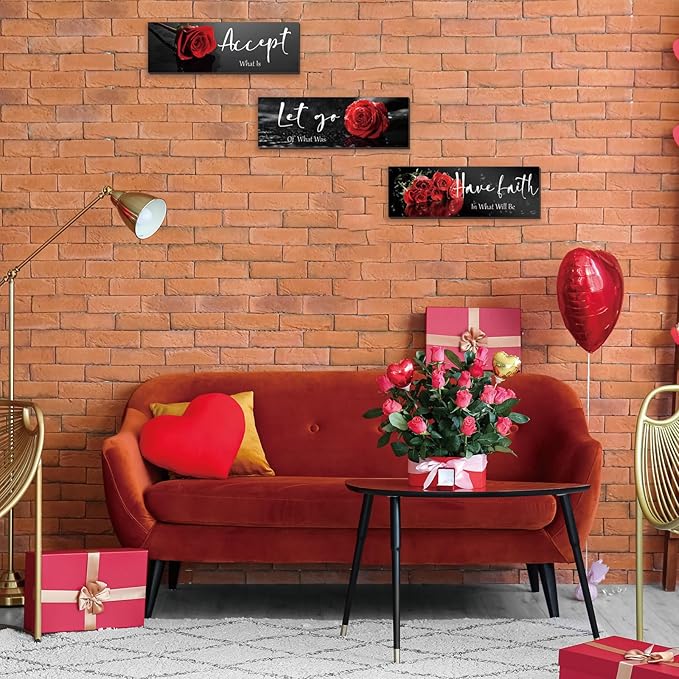 ZINYAZHE 3 Pcs Red Decor Flower Inspirational Wooden Wall Art Red Roses Office Wall Decor with Accept Let Go Have Faith Positive Quotes for Girl Women Bathroom Living Room Bedroom(16 x 5 Inch)
