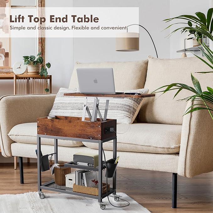 Colima Lift-Top Side Table with Charging Station - Mobile End Table with USB Ports & AC Outlets, Hidden Storage, Wheels - Rustic Wood Nightstand for Living Room, Bedroom, Office