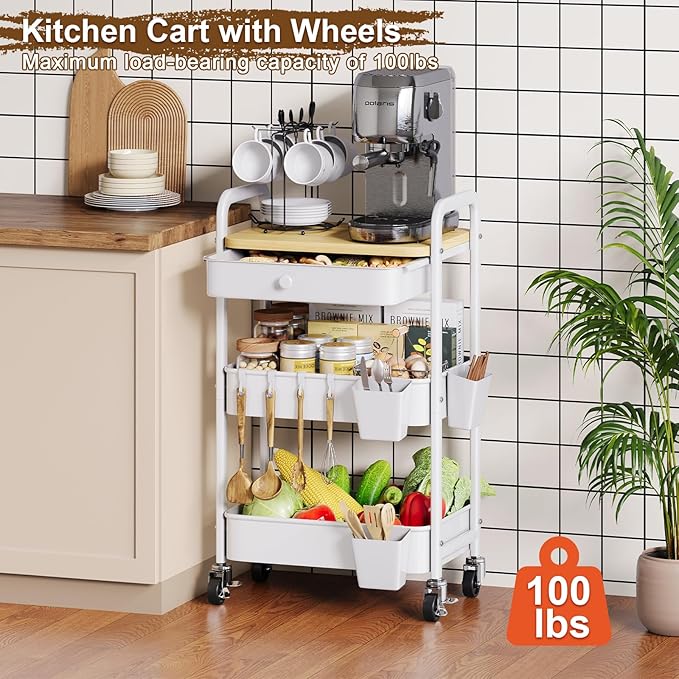 3 Tier Rolling Cart Metal with Table Top and Drawer, White Storage Cart with Wooden Top and Wheels, Three Tier Utility Carts Organizer for Art, Craft, Baby Diaper Caddy, Snack, Nail, Book, Makeup