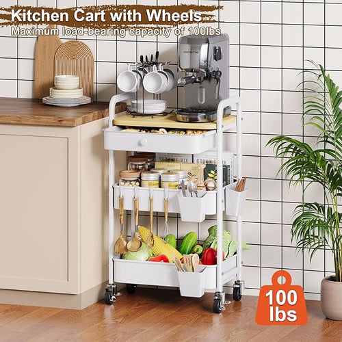 3 Tier Rolling Cart Metal with Table Top and Drawer, White Storage Cart with Wooden Top and Wheels, Three Tier Utility Carts Organizer for Art, Craft, Baby Diaper Caddy, Snack, Nail, Book, Makeup