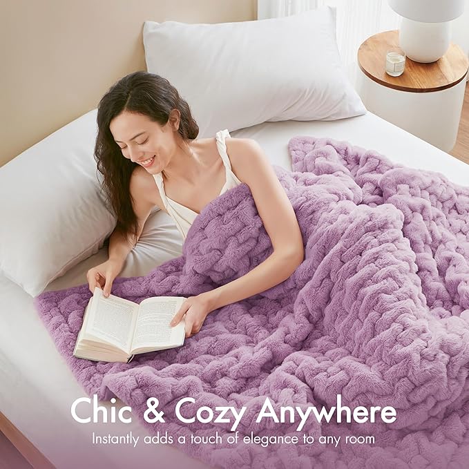 Madison Park Ruched Luxury Throw Premium Soft Cozy Brushed Long Faux Fur for Bed, Couch or Sofa, 50"x60", Purple