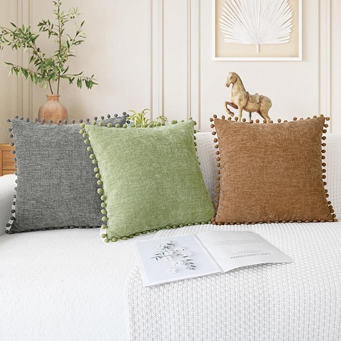 CaliTime Throw Pillow Covers Decorative 20 X 12 Inches Pack of 2 Cozy Solid Dyed Soft Chenille Cushion Cases with Pom Poms for Couch Sofa Bed Living Room Home Medium Grey