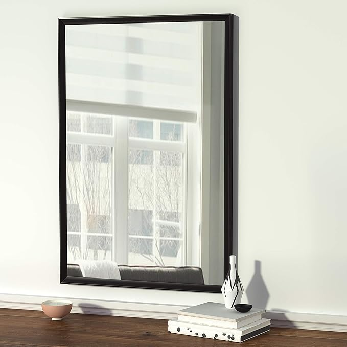 Amazon Basics Rectangular Wall Mount Mirror for Bedroom, Bathroom, Living Room, Entryway, 24" x 36", Peaked Trim, Black, Hangs Horizontally or Vertically