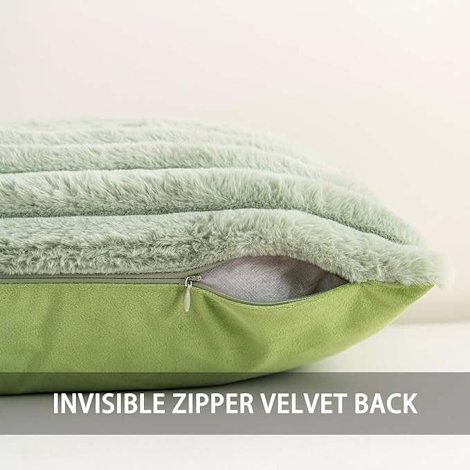 Aegero Pack of 2 Faux Fur Fall Throw Pillow Covers 22x22 Inch, Soft Plush Striped Neutral Couch Pillow Cover, with Velvet Back Modern Home Decor for Sofa Living Room Couch Bed Sage Green