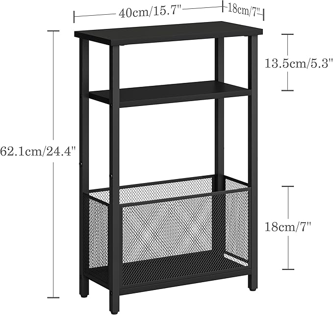 Narrow Side Table with Storage Basket Skinny End Tables for Smalls Spaces 3 Tier Sofa Table Small Nightstand Slim Bedside Table for Living Room Bedroom Black MLBZ22B