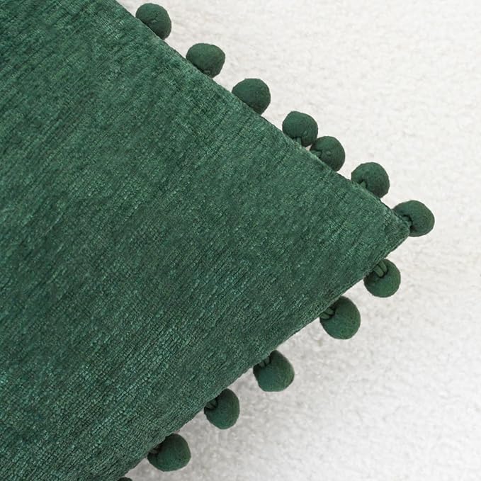 CaliTime Christmas Throw Pillow Covers Decorative 18 X 18 Inches Pack of 2 Cozy Solid Dyed Soft Chenille Cushion Cases with Pom Poms for Couch Sofa Bed Living Room Home Dark Green