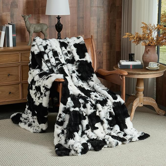 Lotus Karen Faux Fur Throw Blanket Cow Print-Black, Fluffy Fuzzy Plush Bubble Blanket for Couch, 80x60 Inches Cozy Shaggy Rabbit Blanket, Luxury Decorative Gifts for Sofa Bedroom Living Room.