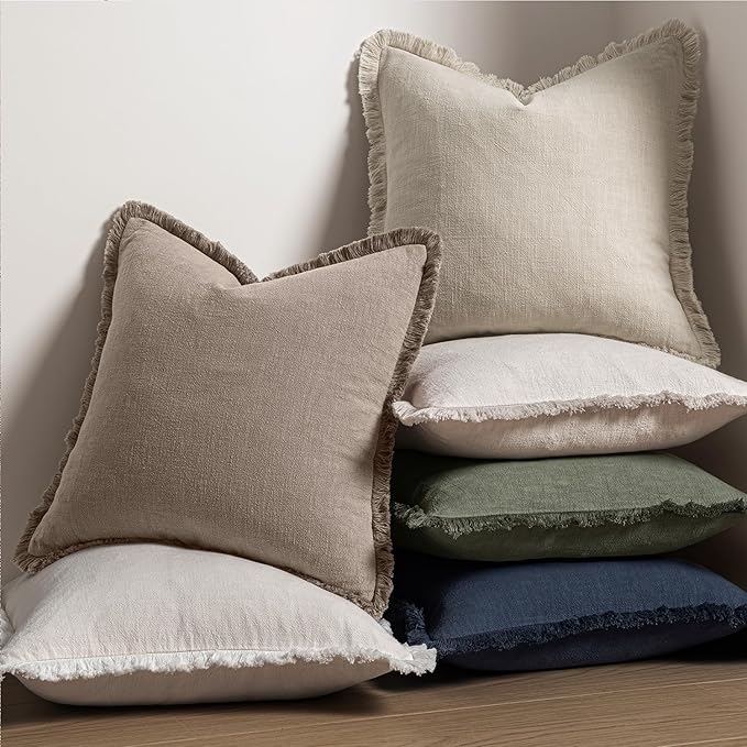 MIULEE Decorative Throw Pillow Covers Neutral Linen Fringe Throw Pillows Euro Shams Set of 2 Dune Boho Farmhouse Cushion Covers for Couch Sofa Bed Living Room Spring Home Decor 22x22 Inch