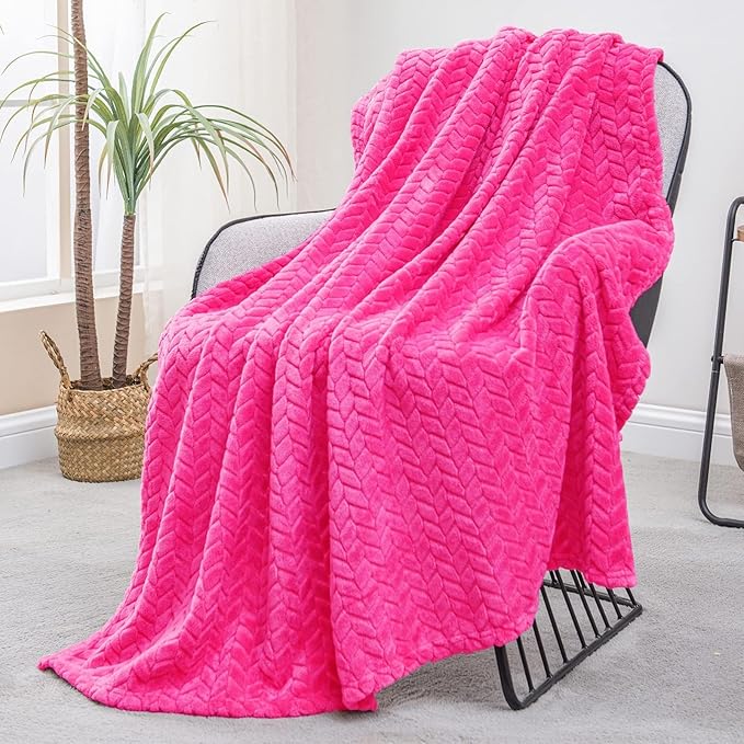 Exclusivo Mezcla Fleece Throw Blanket for Couch and Bed, 50x70 Inches Soft Cozy Jacquard Flannel Blankets, Lightweight Fuzzy Plush Warm Throws for Women, Hot Pink