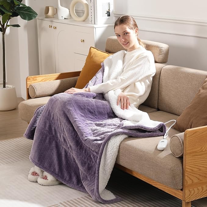 Electric Blanket Queen 84"x90" Heated Blanket Queen Size Dual Control Wheat Pattern Ultra-soft Flannel & Thick Sherpa with 5 Heat Settings & 10H Auto Off, FCC/ETL Certified, Machine Washable, Lavender