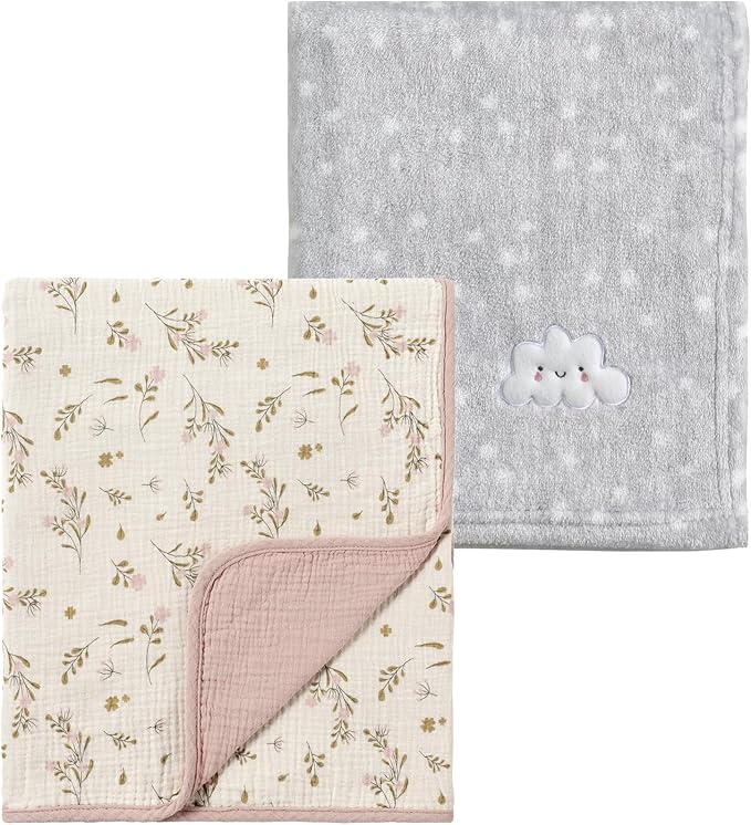 CREVENT 2Pcs 30''X40'' Cute Cozy Fluffy Warm Baby Blankets for Infants Toddlers' Bedding Crib Cot Stroller - Grey Cloud + Muslin Flower