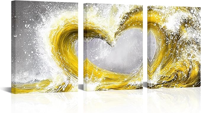 HOMEOART Bedroom Wall Art Ocean Wave Painting Love Sign Wall Decor Framed Artwork Bathroom Bedroom Living Room Decor (Yellow)