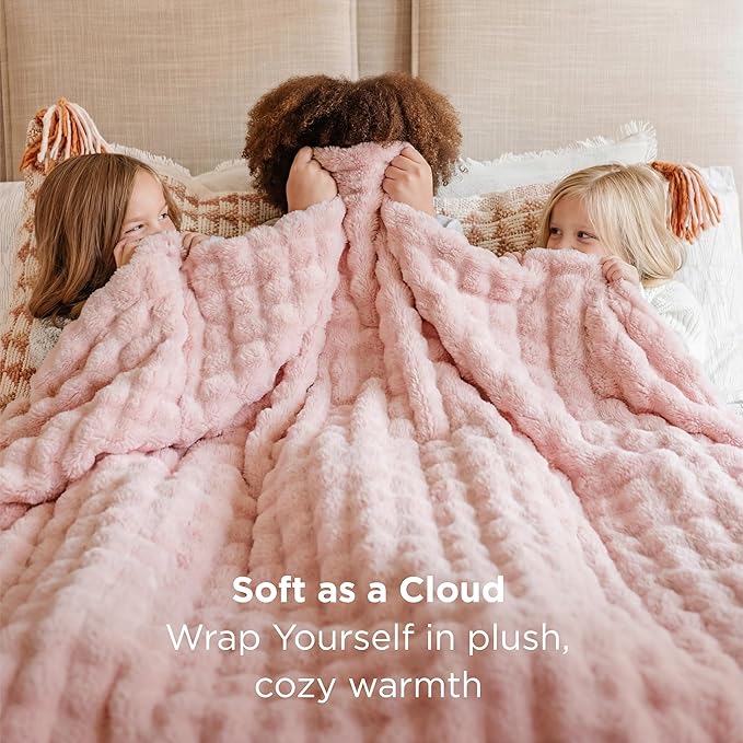 Bedsure 3D Fleece Bubble Blanket - GentleSoft Pink Queen Blanket for Bed Sofa Girls Room Decor - Luxury Soft Cozy Spring Gifts for Her Women, Lightweight, All Seasons, Crystal Pink, 90"×90"