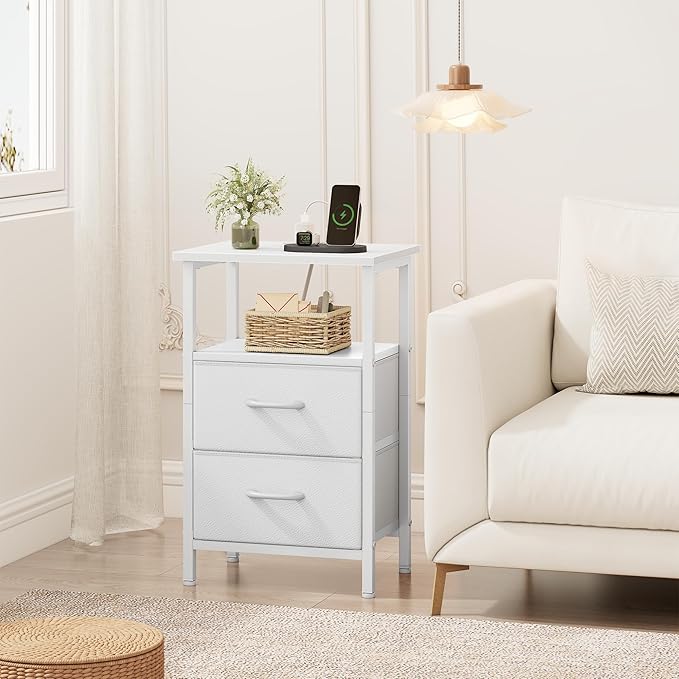 Vagusicc Nightstand Set 2 with Charging Station, End Table with Fabric Drawers, Bedside Table with Open Wood Shelf, 24.2" Tall Side Table with USB Ports & Outlets, Night Stand for Bedroom, White