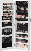 SONGMICS Jewelry Cabinet Armoire, Lockable Wall-Mounted Organizer Unit with 2 Plastic Cosmetic Storage Trays, Full-Length Frameless Mirror, White UJJC001W01