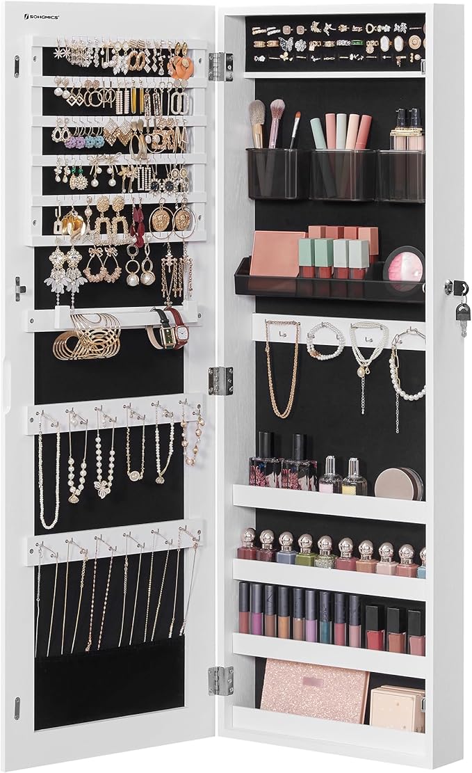 SONGMICS Jewelry Cabinet Armoire, Lockable Wall-Mounted Organizer Unit with 2 Plastic Cosmetic Storage Trays, Full-Length Frameless Mirror, White UJJC001W01