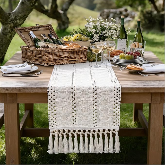 Socomi Boho Table Runner Easter Spring Farmhouse Rustic Dining Kitchen Centerpiece Decor Small Macrame Woven Cotton Linen Coffee Table Runner for Dresser Scarf Home Decor 12x72 inch Beige