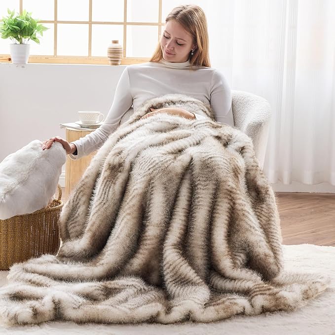 NEWCOSPLAY Faux Fur Throw Blanket Luxury Fluffy Thick Warm Blanket for Couch Sofa Bed 1000GSM (Stripe Light Grey Thick, Throw(50"x60"))