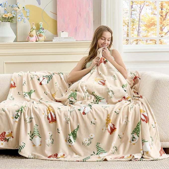 Cozy Bliss Gnome Spring Throw Blanket - Garden Daisy Floral Design, Warm MilkyPlush Throw Blankets, Ultra Soft Cozy Blankets for Couch, Sofa and Bed, Beige, 50X60inches