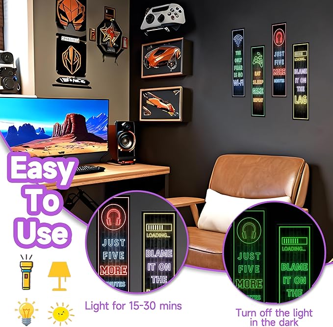 Eat Sleep Game Wall Decals Glow in The Dark, Gamer Controller Stickers Decor for Boy Bedroom, Joystick Video Gaming Kids Playroom Nursery Decoration (Green)
