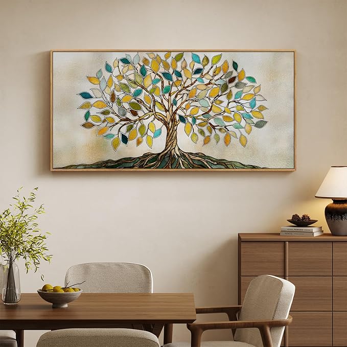 Large Framed Tree of Life Wall Art for Living Room, Modern Farmhouse Neutral Tree Canvas Painting Prints Artwork for Walls, Rustic Retro Picture for Bedroom Kitchen Office Hallway Wall Decor, 30x60