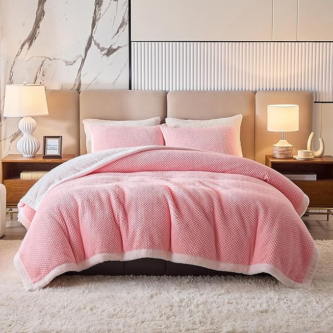 Luxury Flannel Fleece Sherpa Blankets Twin Size for Bed, Jacquard Boho 3-Layer Thick and Warm Blanket for Winter, Soft Cozy Fuzzy Plush Velvet Blanket with 2 Pillow Cases, Pink, 68x86 Inches