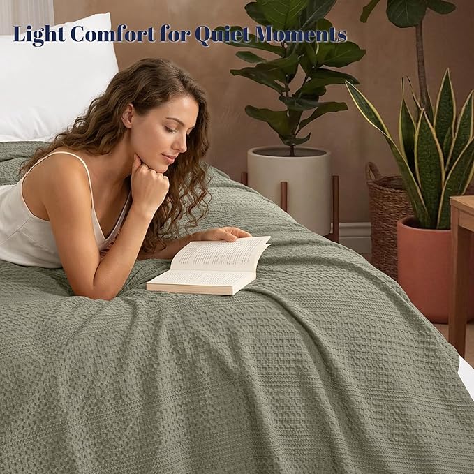 PHF Lightweight Waffle Weave Blanket King Size, Breathable & Ultra Soft, 104"x 90" Soft & Cozy Thin Blanket for All Season & Hot Sleepers, Bed, Home Decor - Dusty Sage
