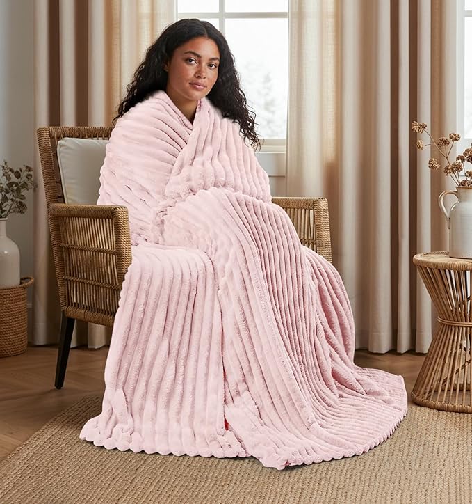 Utopia Bedding Pink Striped Fleece Blanket Queen Size – Fluffy, Warm & Lightweight Ribbed Throw for Bed, Sofa & Chair - Soft Cozy Blanket for Home Décor & Gifting (90x90 Inches)