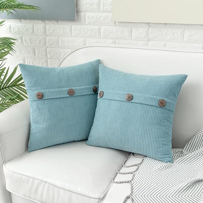 HWY 50 Light Blue Chenille Throw Pillow Covers 22x22 Inch with Triple Buttons, Soft Farmhouse Accent Decorative Cushion Cases for Couch Sofa Bed Living Room Pack of 2